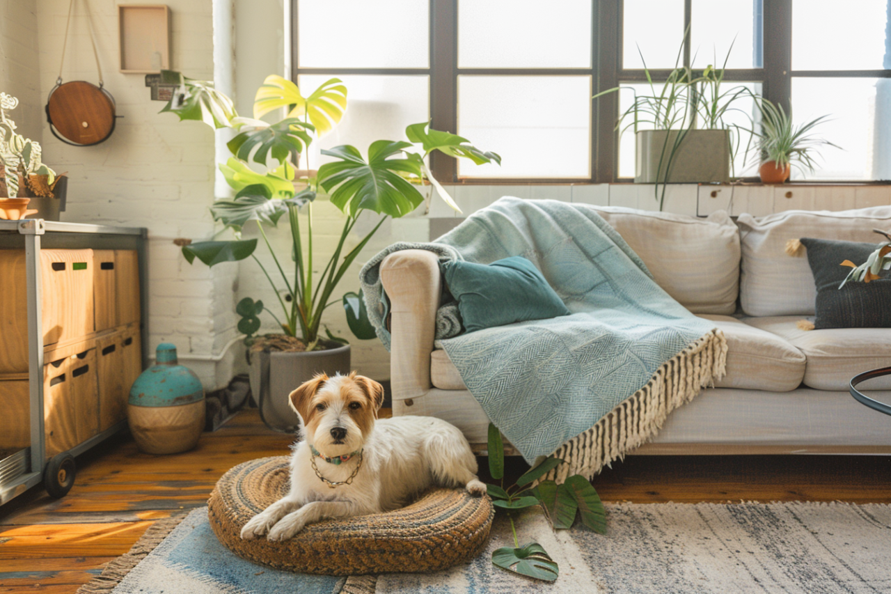 Interior design by personality showing a pet-friendly living room with plants, a cat perch, and a dog resting corner