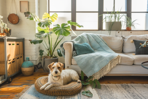 Interior design by personality showing a pet-friendly living room with plants, a cat perch, and a dog resting corner