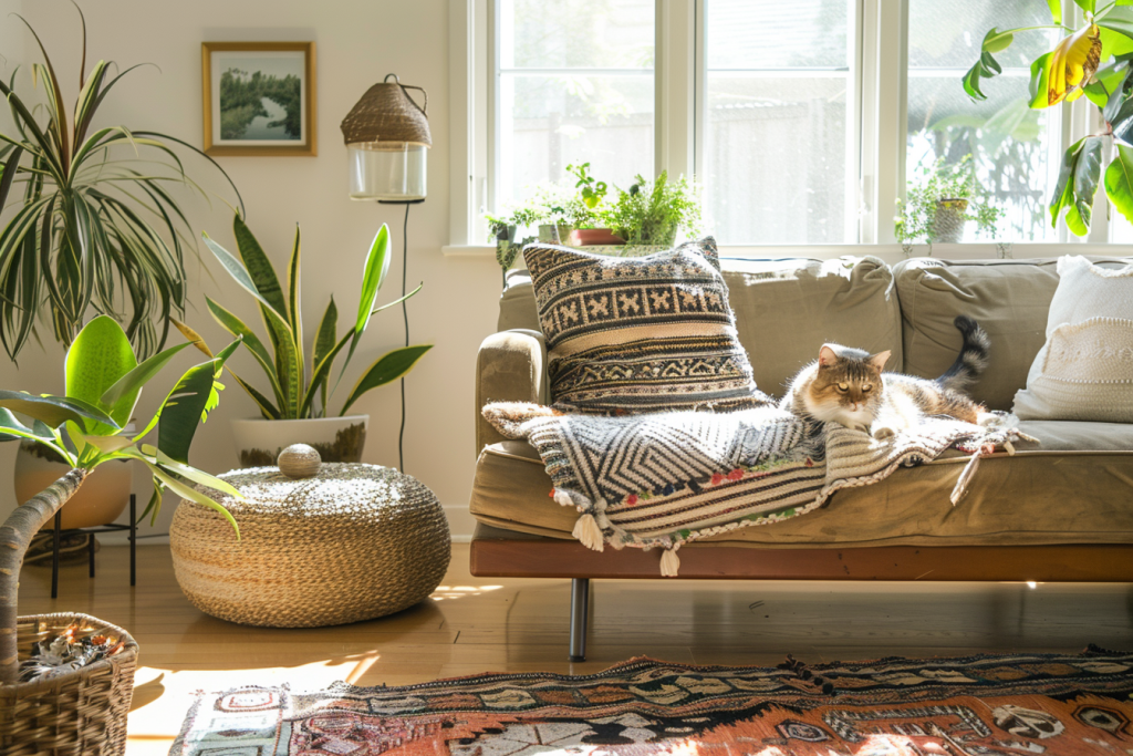 Interior design by personality showing a pet-friendly living room with plants, a cat perch, and a dog resting corner