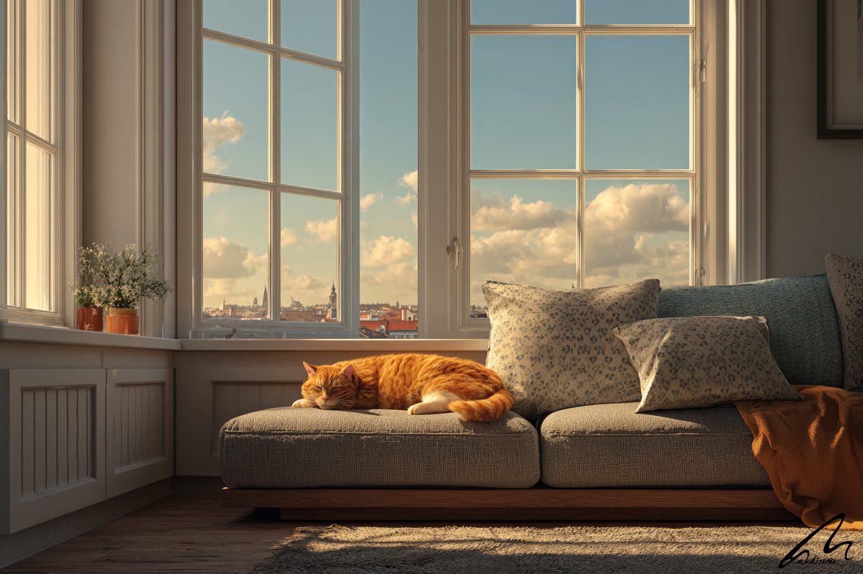 designing for pets, Living room with pet-friendly textures like rugs, cushions, and smooth flooring