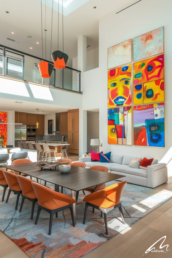 Interior design by personality showing an open-plan living room with vibrant art and a large dining table for extroverts