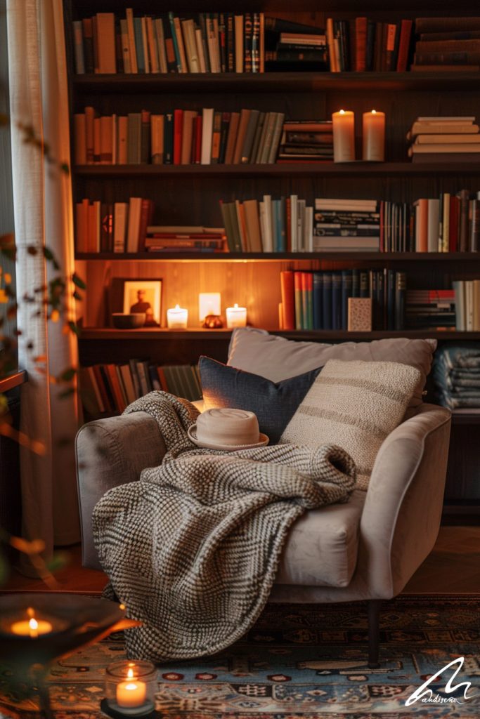 Interior design by personality featuring a cozy reading nook with warm lighting designed for an introverted personality