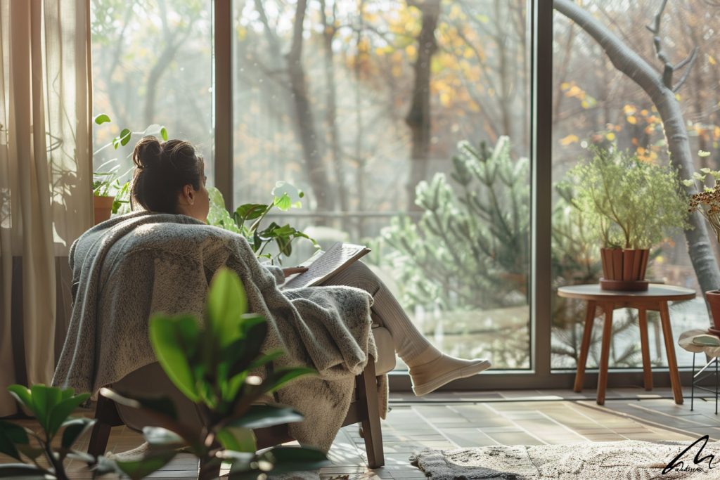 Person reflecting in cozy corner of a living room with natural light.