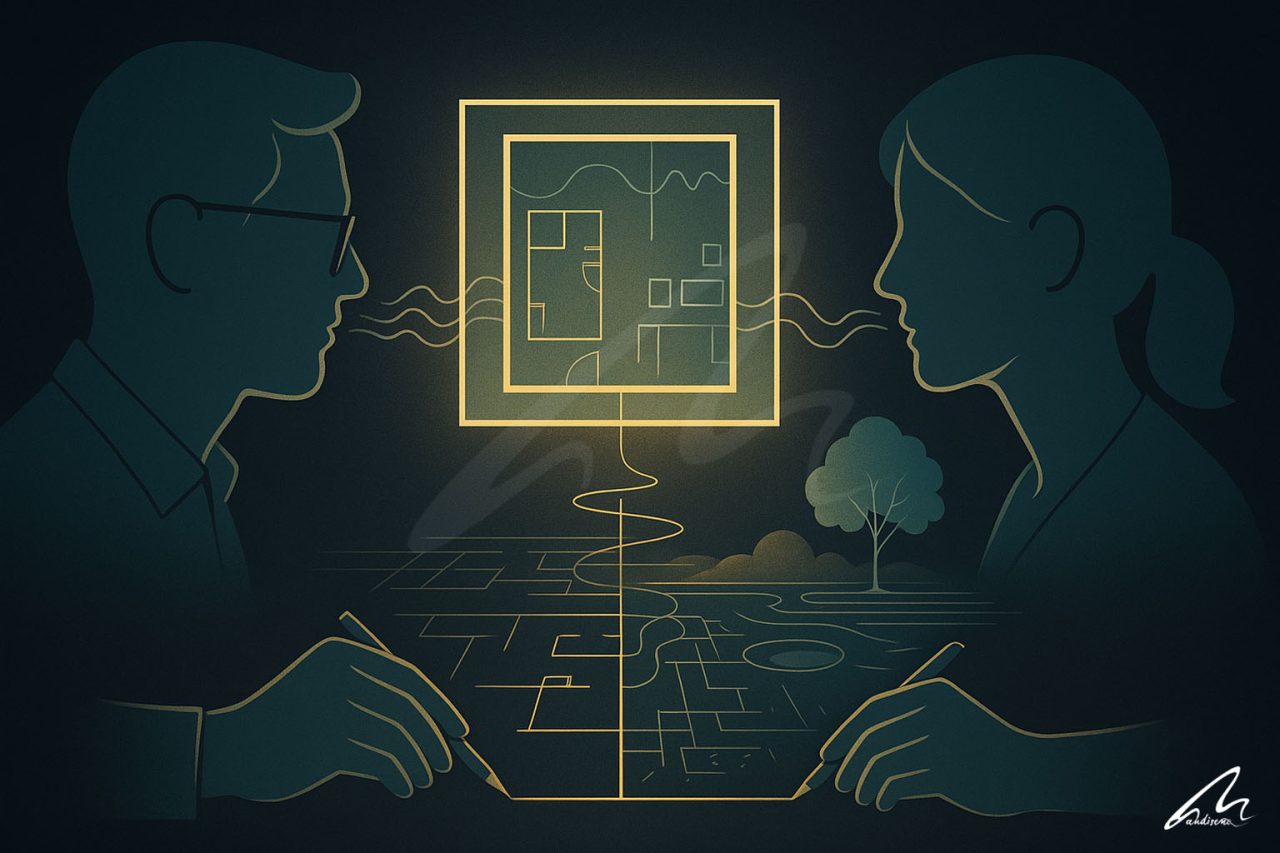 A stylized illustration depicting the first conversation with an architect. Two silhouetted figures are drawing on a table, their pens connected by a single glowing line that forms a floating architectural floor plan between them, symbolizing a shared vision taking shape.