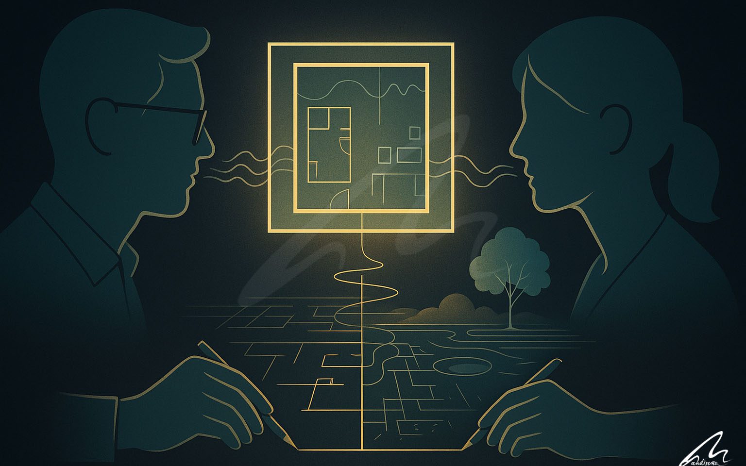 A stylized illustration depicting the first conversation with an architect. Two silhouetted figures are drawing on a table, their pens connected by a single glowing line that forms a floating architectural floor plan between them, symbolizing a shared vision taking shape.