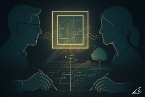 A stylized illustration depicting the first conversation with an architect. Two silhouetted figures are drawing on a table, their pens connected by a single glowing line that forms a floating architectural floor plan between them, symbolizing a shared vision taking shape.