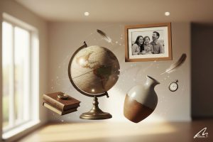 A beautifully curated bookshelf featuring a collection of vintage cameras, globes, and unique ceramic pieces, demonstrating how to make your home unique through personalized displays.