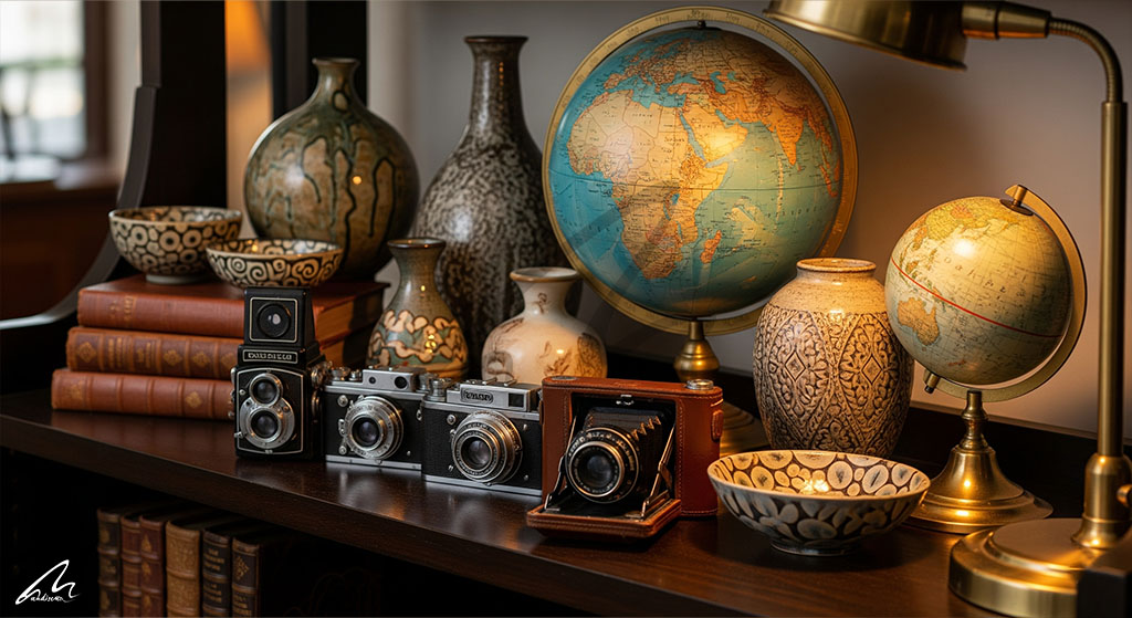 A beautifully curated bookshelf featuring a collection of vintage cameras, globes, and unique ceramic pieces, demonstrating how to make your home unique through personalized displays.