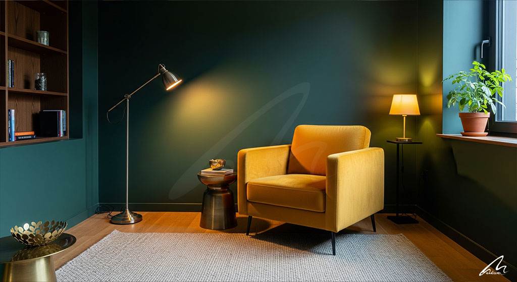 A sophisticated living room with dark green walls, a striking mustard yellow velvet armchair, and warm lighting, showing how to make your home unique with bold color and statement furniture.