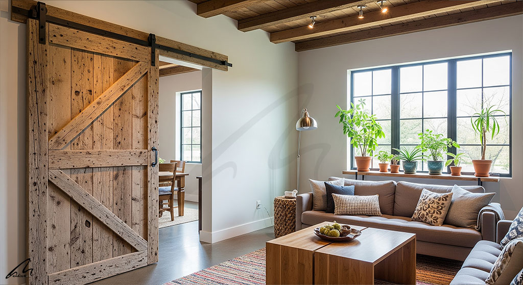 A stylish living room featuring a rustic reclaimed wood barn door as a focal point, integrated to demonstrate how to make your home unique with architectural salvage.