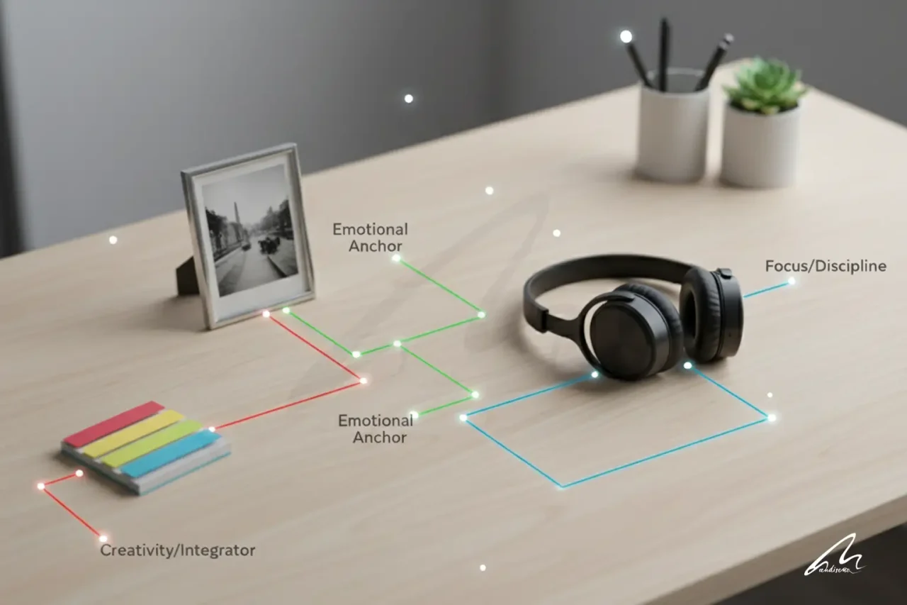 High-angle conceptual image showing a Workspace Personality analysis. Glowing lines connect a vintage photo (labeled "Emotional Anchor"), noise-canceling headphones (labeled "Focus/Discipline"), and colorful sticky notes (labeled "Creativity/Integrator") on a clean wooden desk.