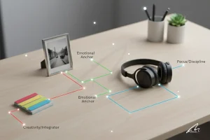 High-angle conceptual image showing a Workspace Personality analysis. Glowing lines connect a vintage photo (labeled "Emotional Anchor"), noise-canceling headphones (labeled "Focus/Discipline"), and colorful sticky notes (labeled "Creativity/Integrator") on a clean wooden desk.