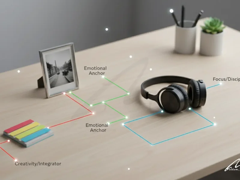 High-angle conceptual image showing a Workspace Personality analysis. Glowing lines connect a vintage photo (labeled "Emotional Anchor"), noise-canceling headphones (labeled "Focus/Discipline"), and colorful sticky notes (labeled "Creativity/Integrator") on a clean wooden desk.