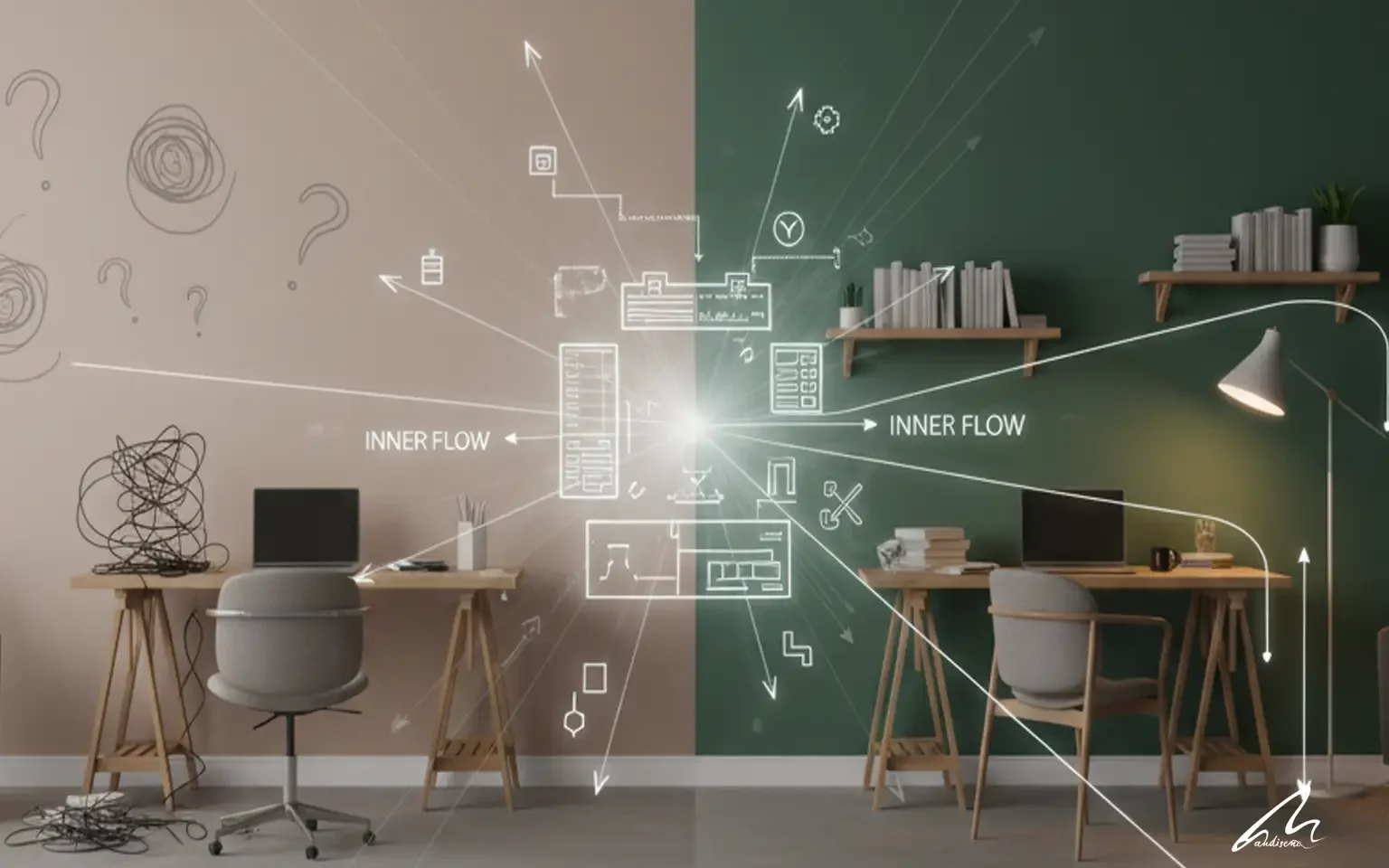 A conceptual, horizontal split image transitioning from a confused, messy room to an organized, purposeful space, symbolizing how asking the right Renovation Questions inspires positive change and clarity in a renovation.