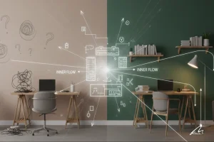 A conceptual, horizontal split image transitioning from a confused, messy room to an organized, purposeful space, symbolizing how asking the right Renovation Questions inspires positive change and clarity in a renovation.