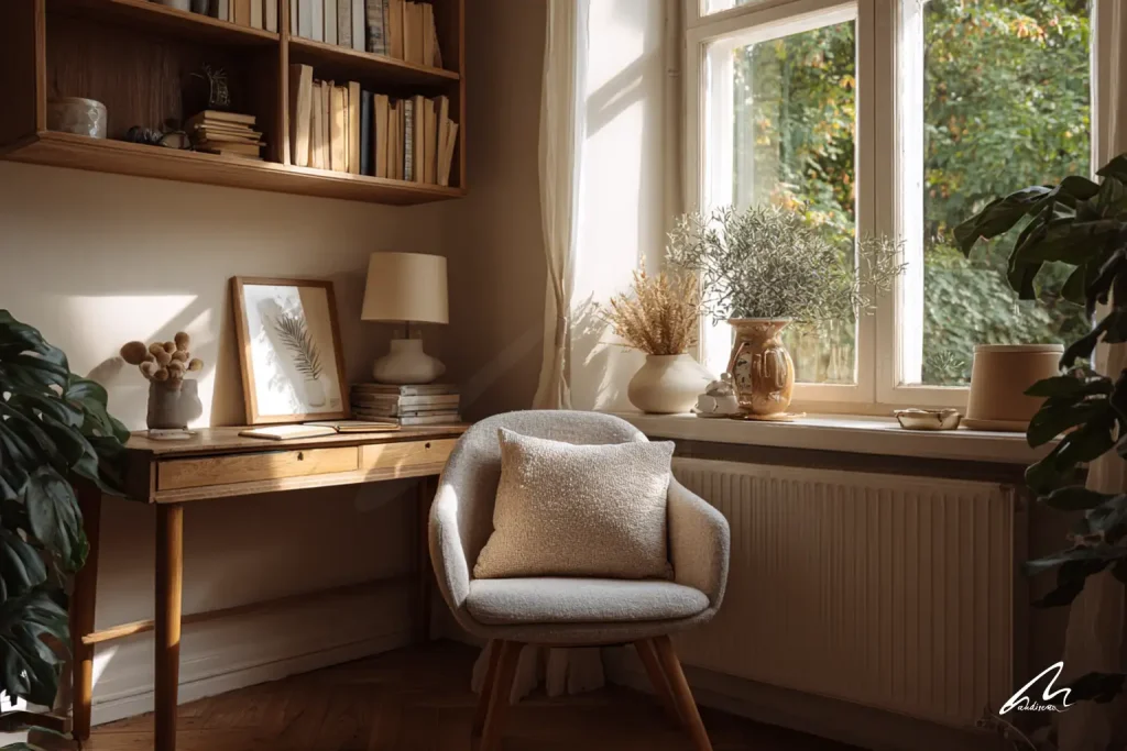 A warm, light-filled home office corner that conveys a sense of inner flow and calm, illustrating how the right Renovation Questions lead to peaceful and productive design.