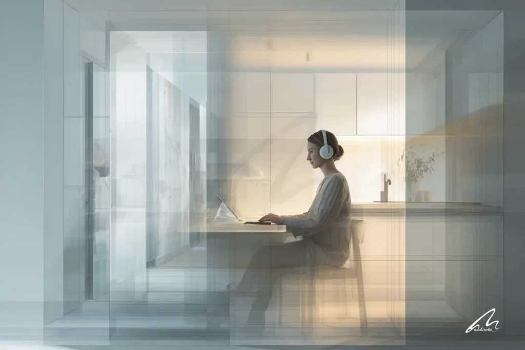 A conceptual image showing a person in a minimalist HomeOffice, wearing headphones for deep focus. The subtle visual separation of the space highlights the importance of asking smart Renovation Questions about flow and boundaries.