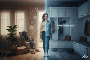 Split image of a woman. The left side shows a messy, confused room, representing the problem. The right side is neat and labeled "ASPIRATIONAL SELF," illustrating the solution and overcoming the hidden psychology of client rejection.