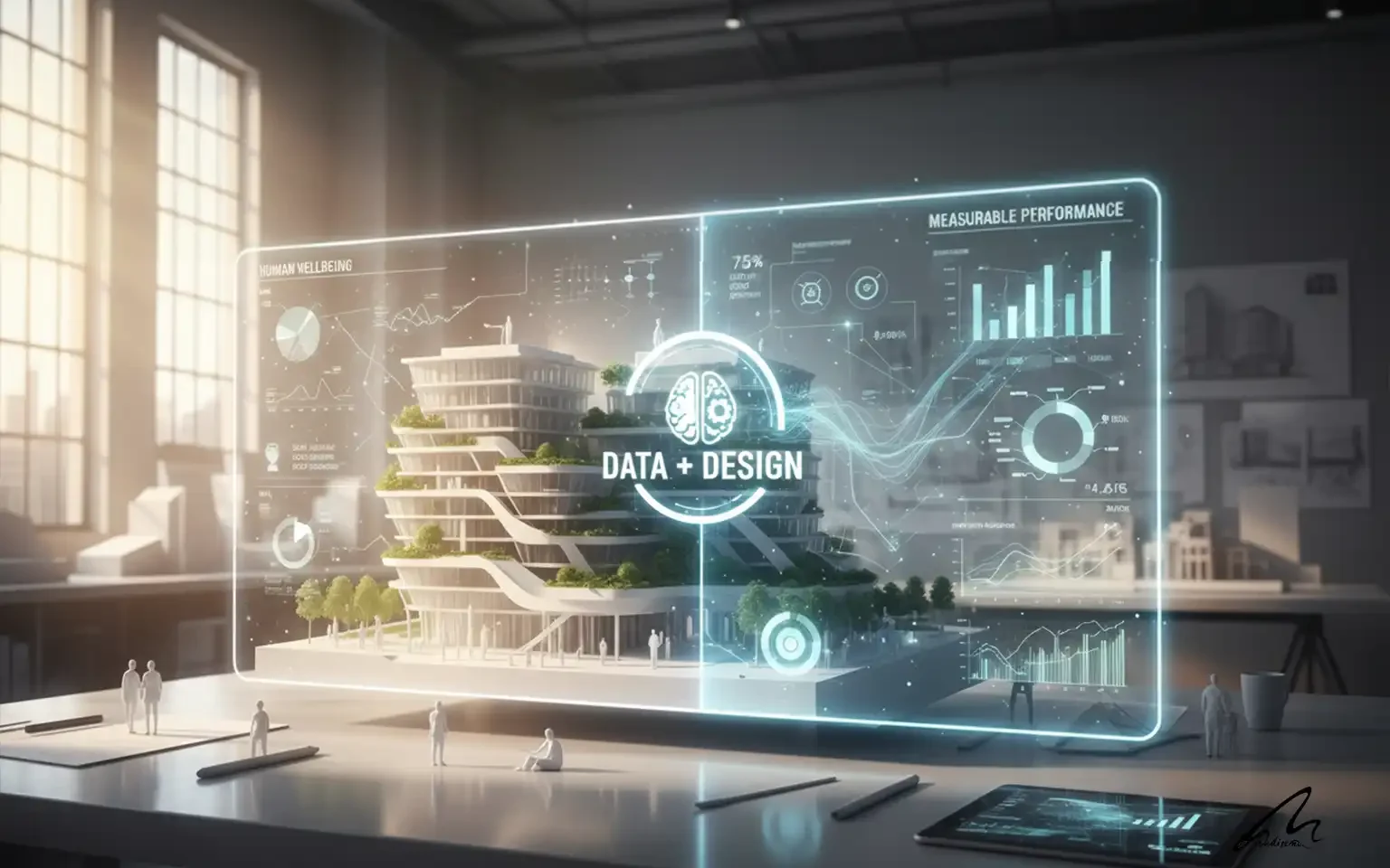 Modern office building with holographic data overlays illustrating how to calculate architecture fees based on performance metrics
