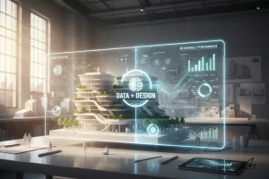 Modern office building with holographic data overlays illustrating how to calculate architecture fees based on performance metrics
