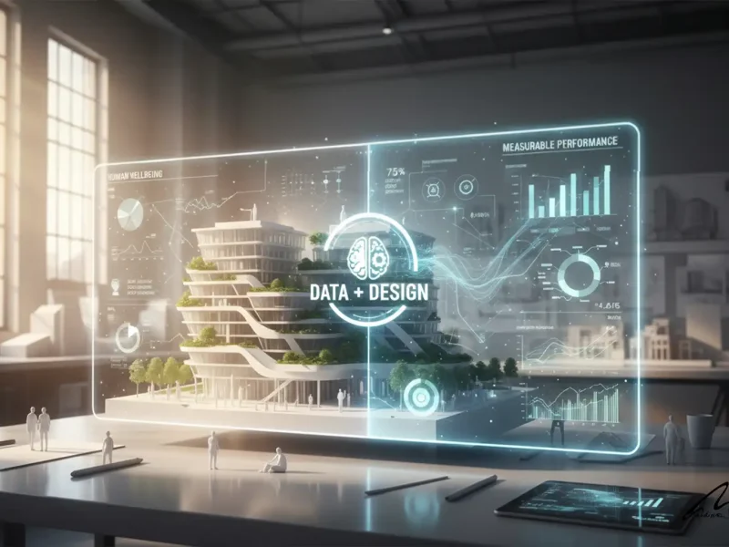 Modern office building with holographic data overlays illustrating how to calculate architecture fees based on performance metrics