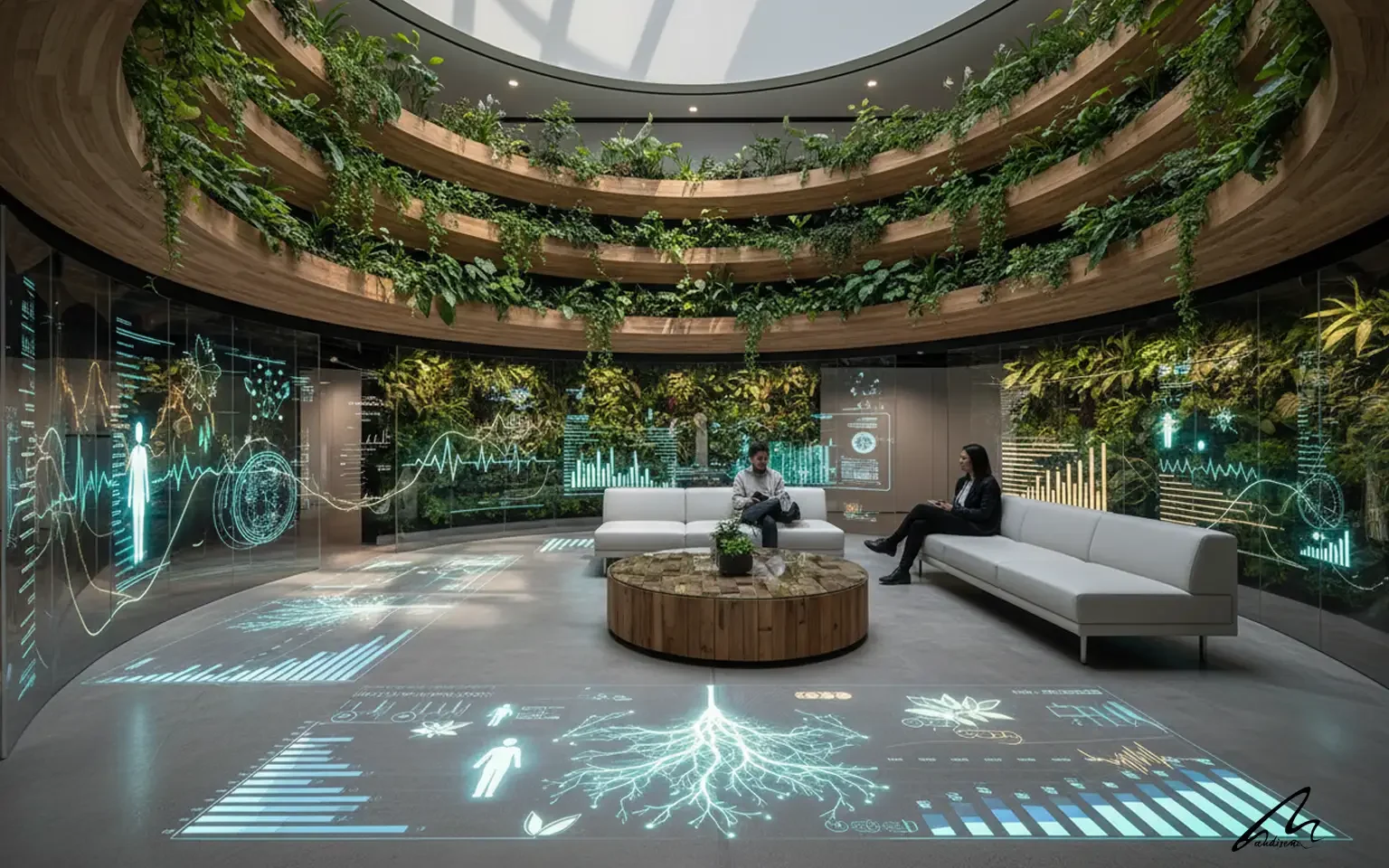 Modern office showing biophilic design ROI productivity metrics through data visualization.