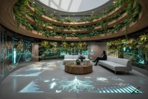 Modern office showing biophilic design ROI productivity metrics through data visualization.