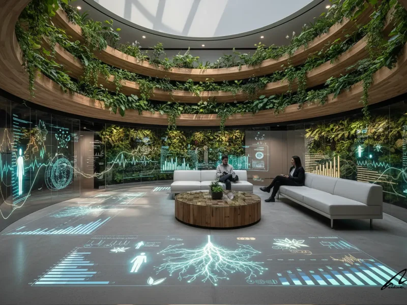 Modern office showing biophilic design ROI productivity metrics through data visualization.