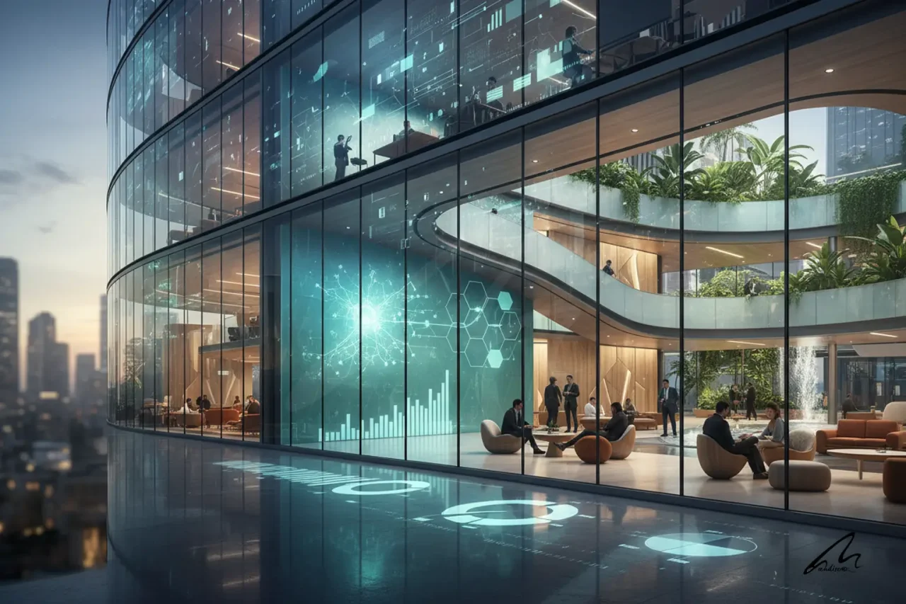 Architecture Fee Guide - Data visualization overlay on a building section illustrating the 2026 guide principles.