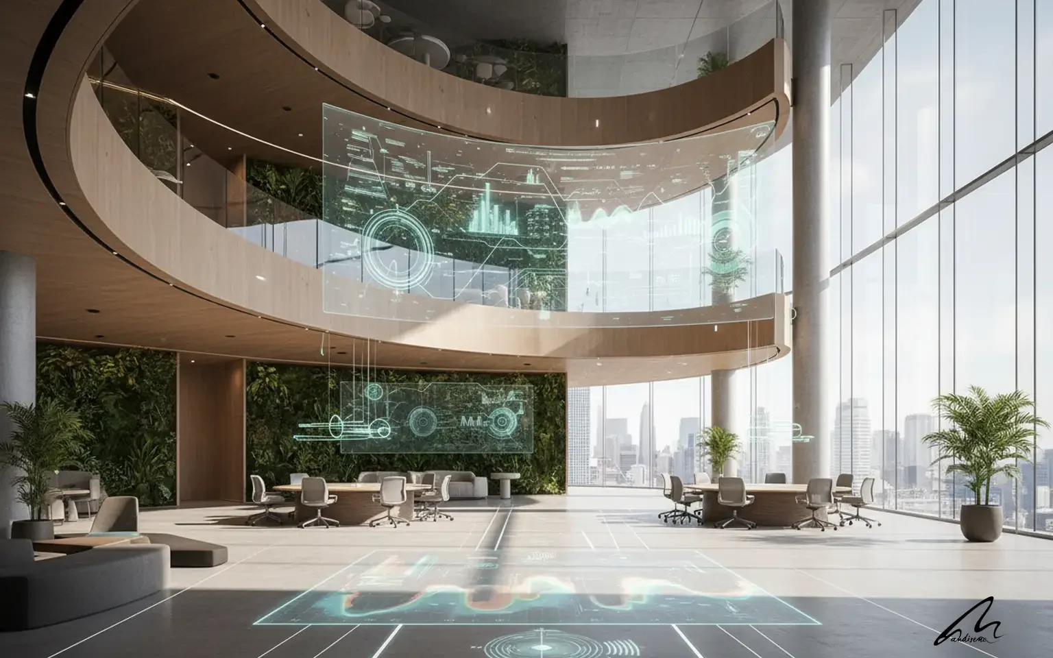Modern architecture visualization showing evidence-based design metrics overlay