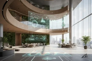 Modern architecture visualization showing evidence-based design metrics overlay