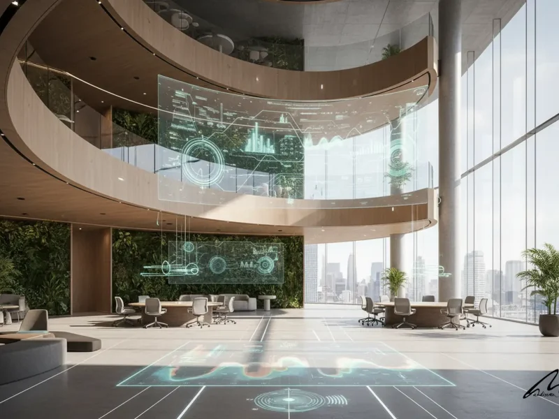 Modern architecture visualization showing evidence-based design metrics overlay