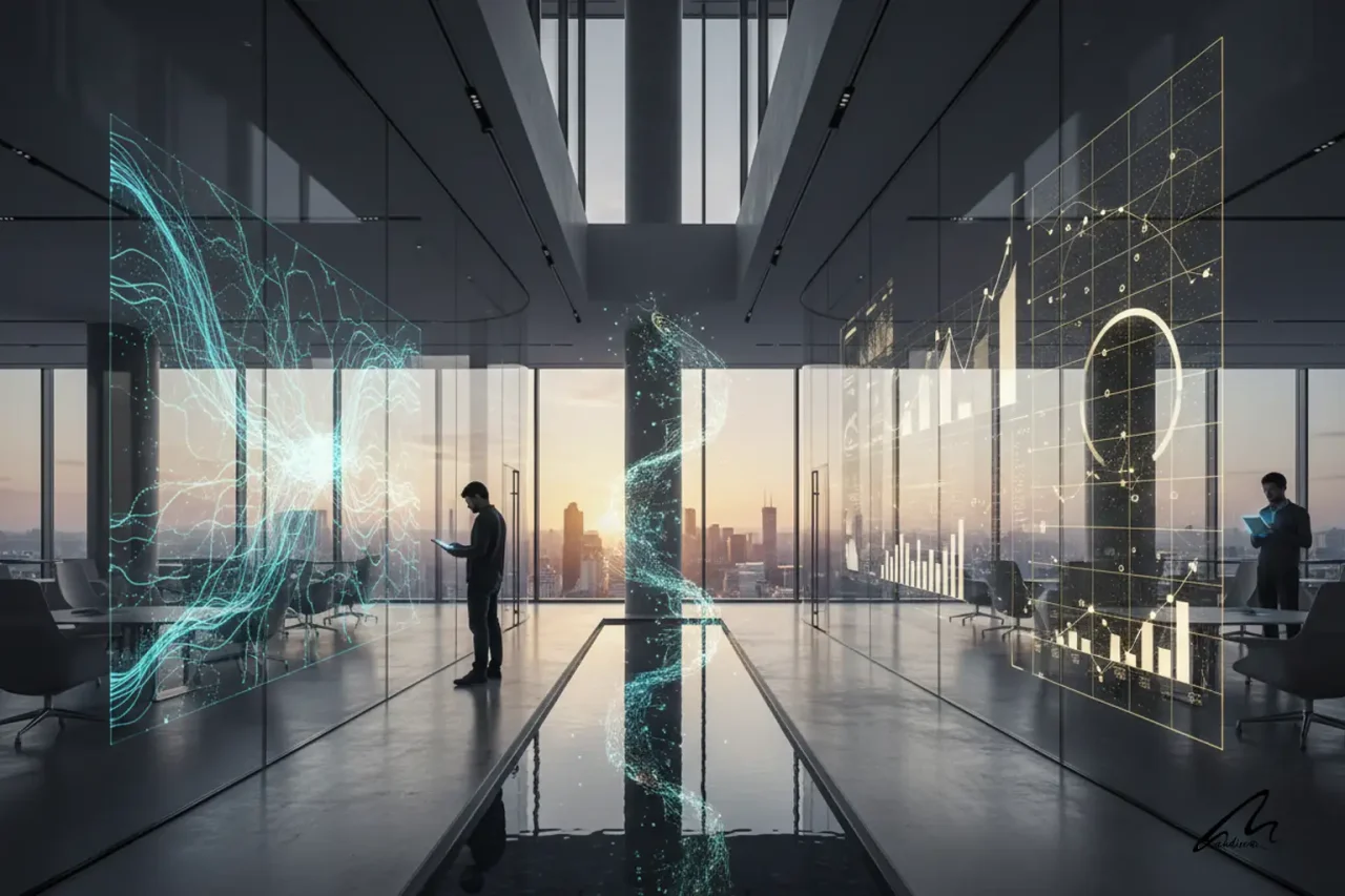 Digital data overlay on a modern building helping architects justify architecture fees