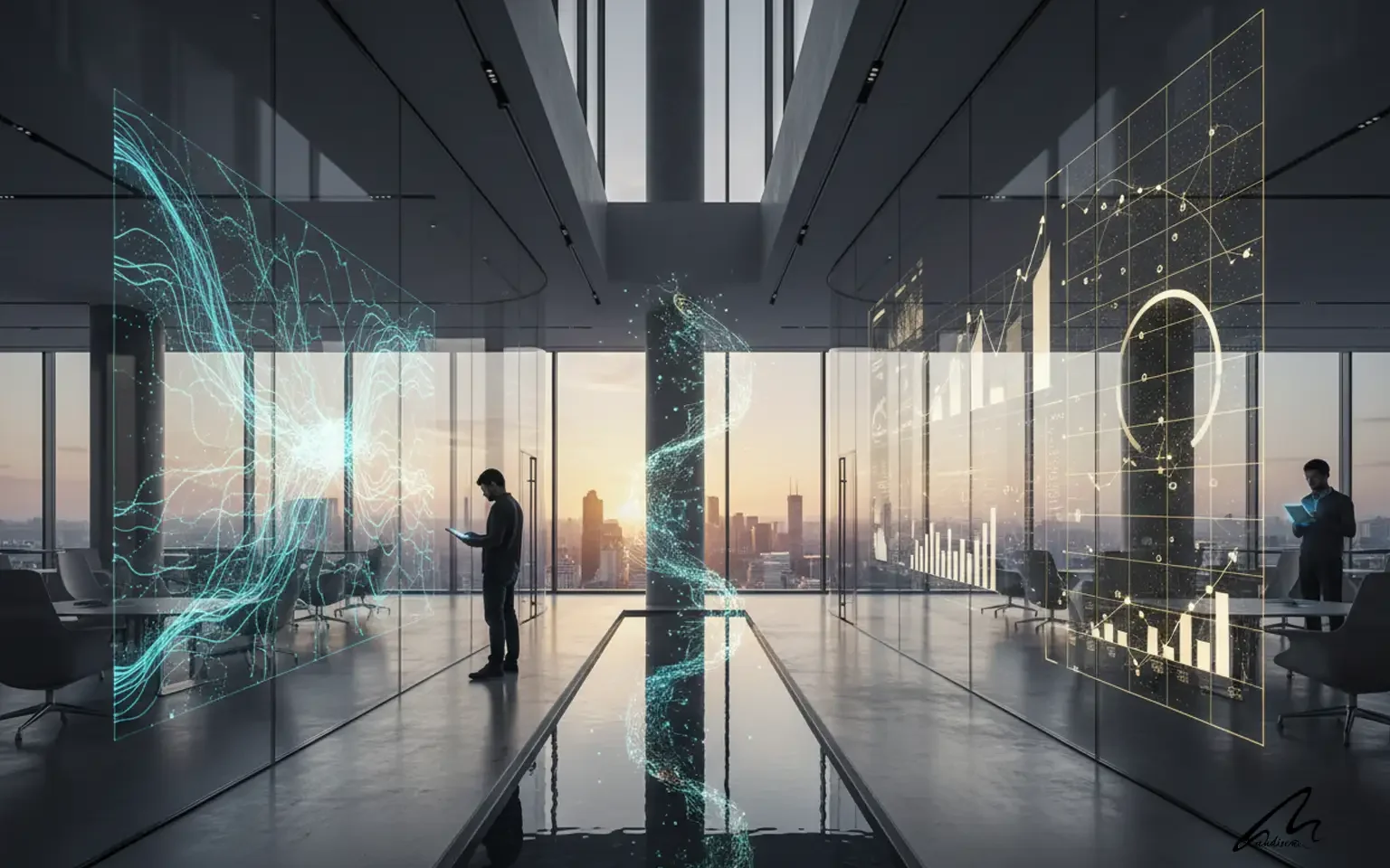 Digital data overlay on a modern building helping architects justify architecture fees