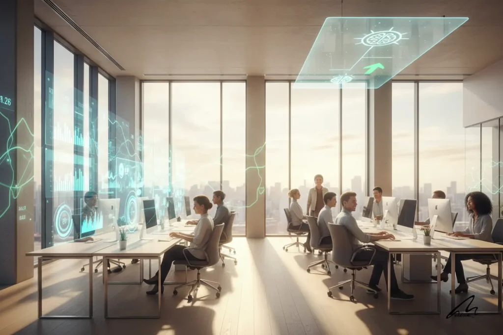 Modern commercial space demonstrating Office daylighting ROI with spectral data overlay