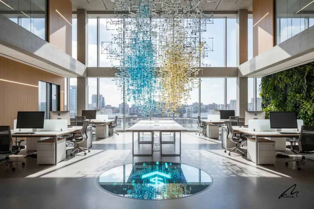 Modern open-plan office featuring floor-to-ceiling windows that demonstrate high Office Daylighting ROI through enhanced natural light illumination.