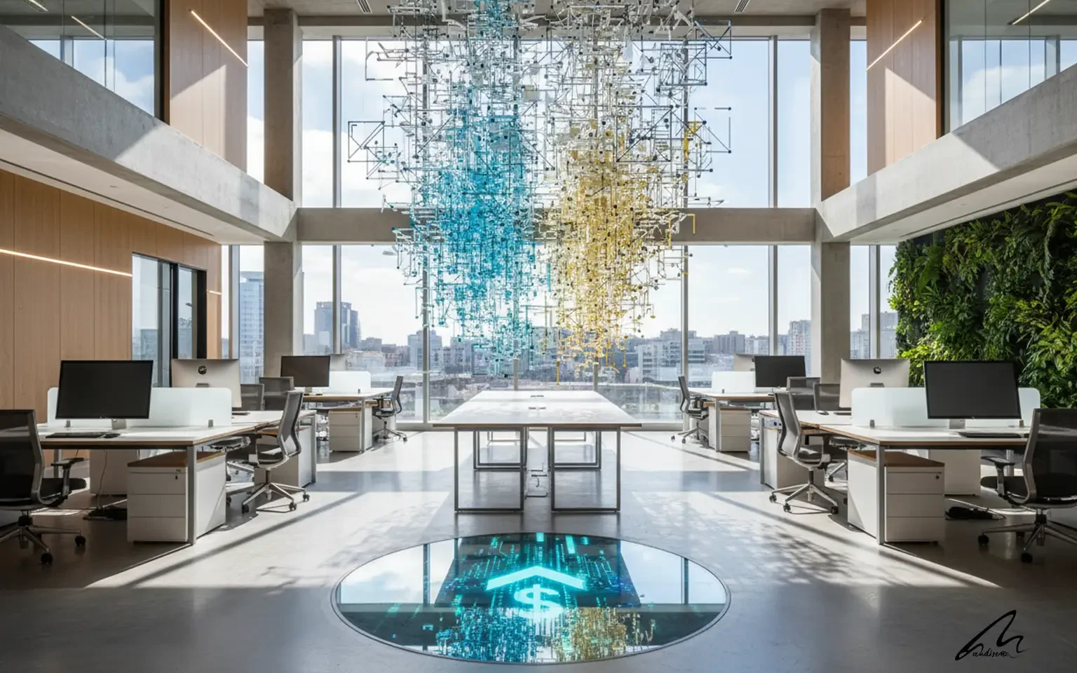 Modern open-plan office featuring floor-to-ceiling windows that demonstrate high Office Daylighting ROI through enhanced natural light illumination.