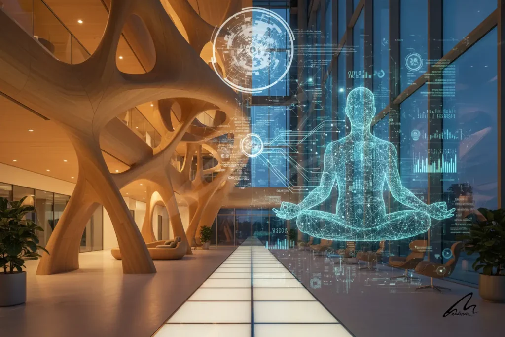 Modern building facade displaying architectural value through data visualization overlays