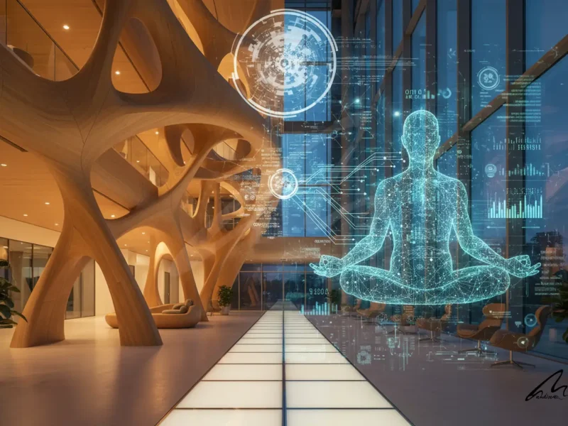 Modern building facade displaying architectural value through data visualization overlays