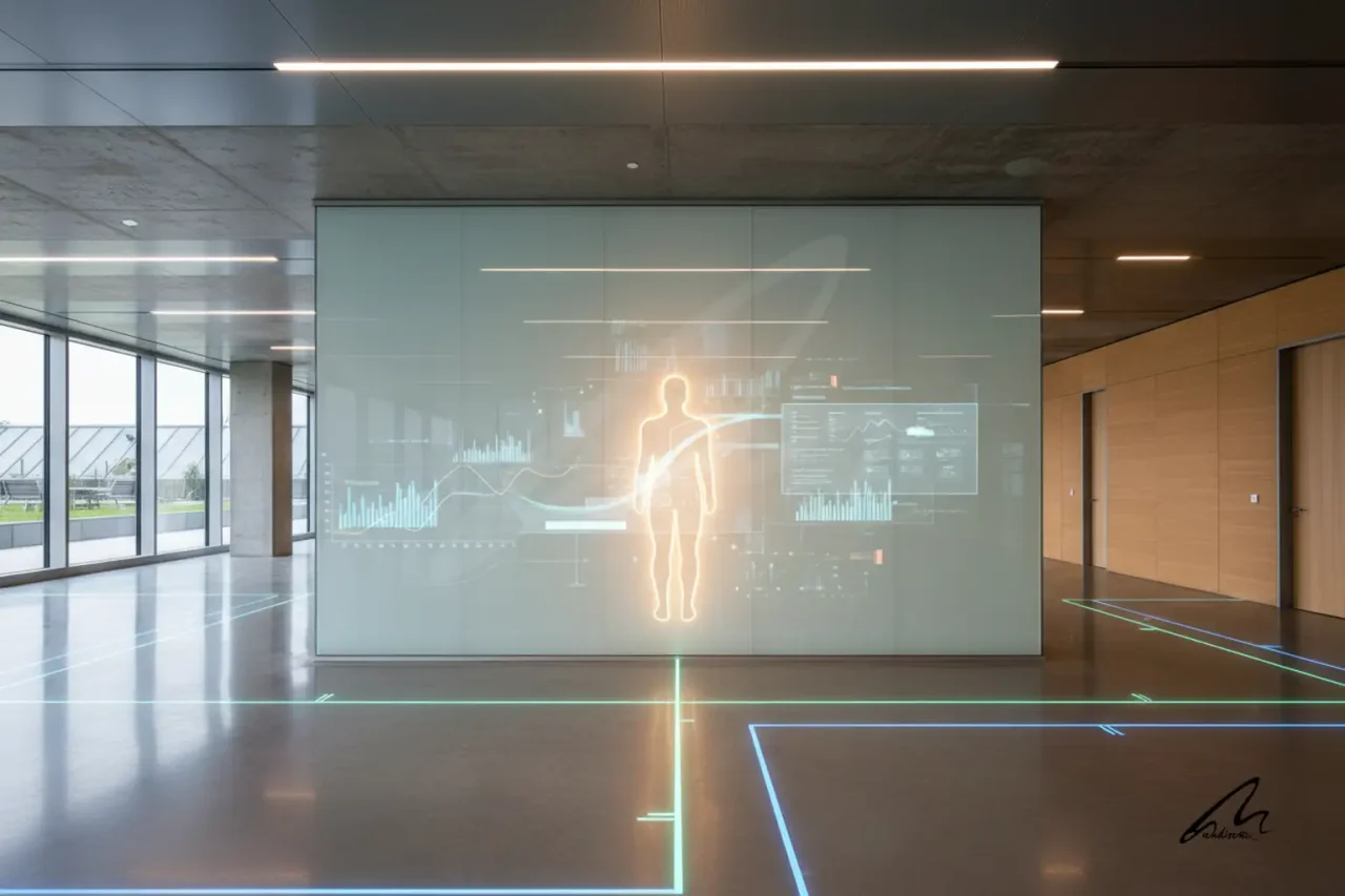 Futuristic office interior showcasing evidence-based design architecture with data overlays