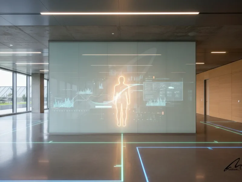 Futuristic office interior showcasing evidence-based design architecture with data overlays