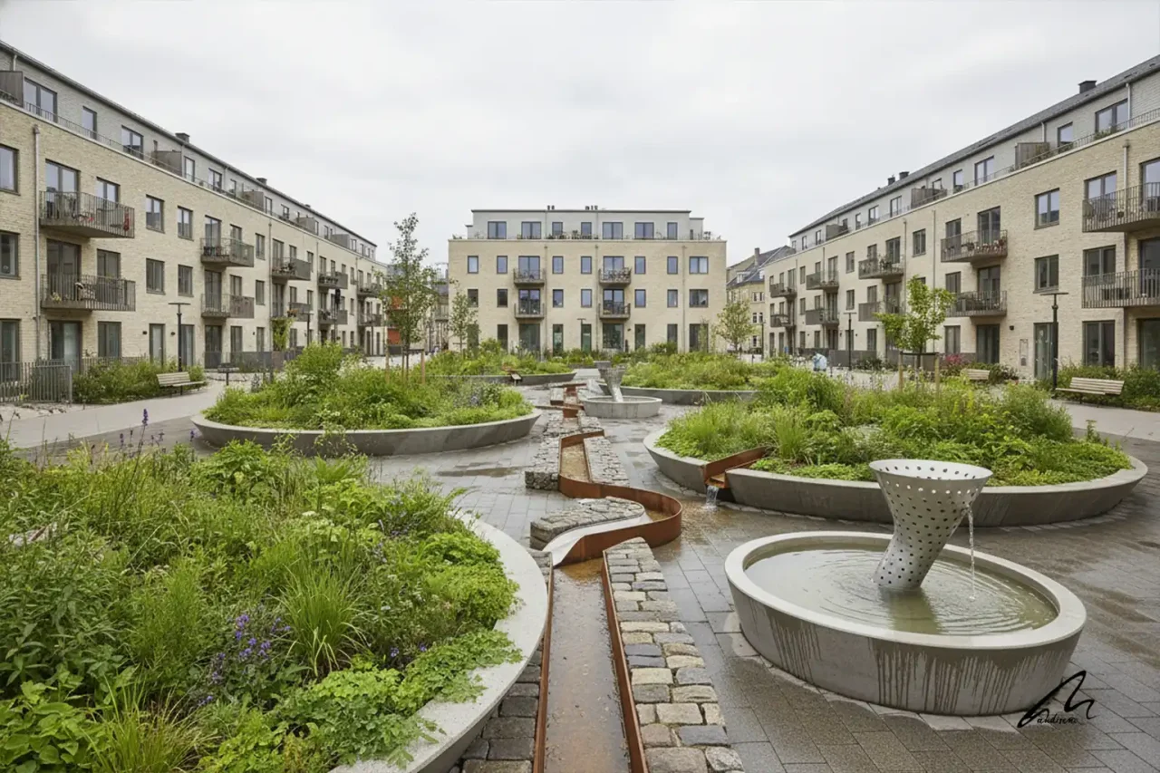 The Copenhagen Climate District featuring Tåsinge Plads sunken gardens for stormwater management.
