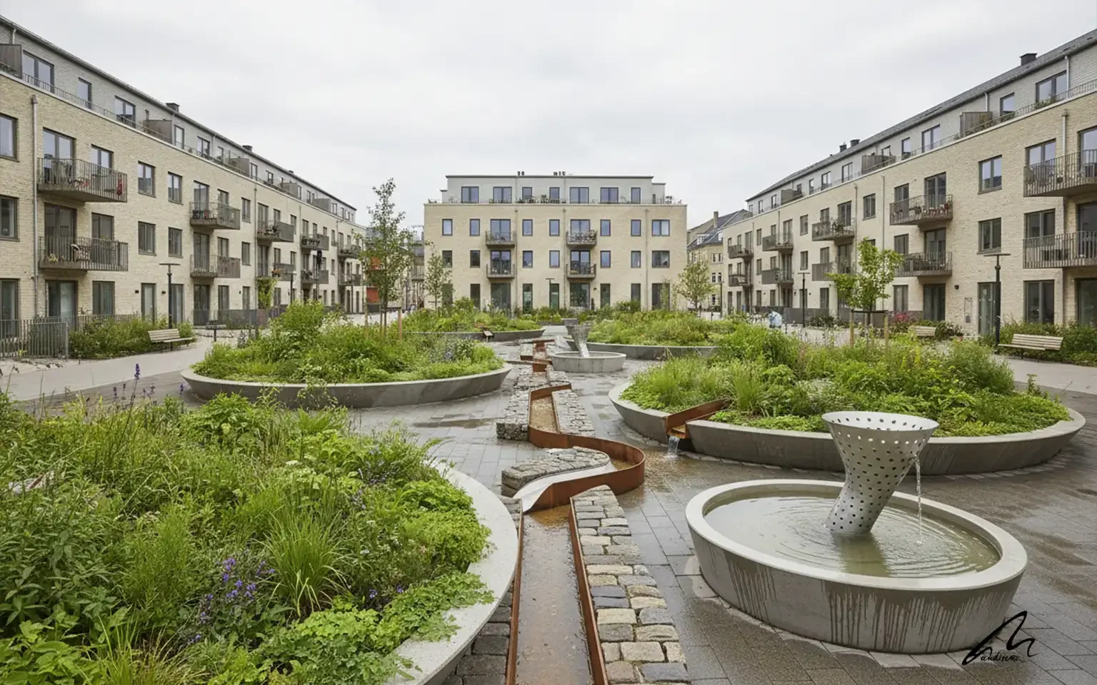 The Copenhagen Climate District featuring Tåsinge Plads sunken gardens for stormwater management.