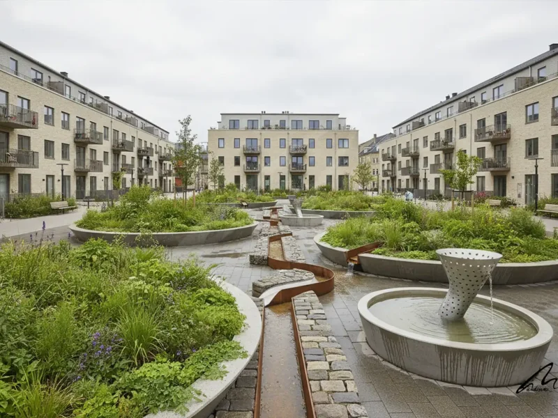 The Copenhagen Climate District featuring Tåsinge Plads sunken gardens for stormwater management.
