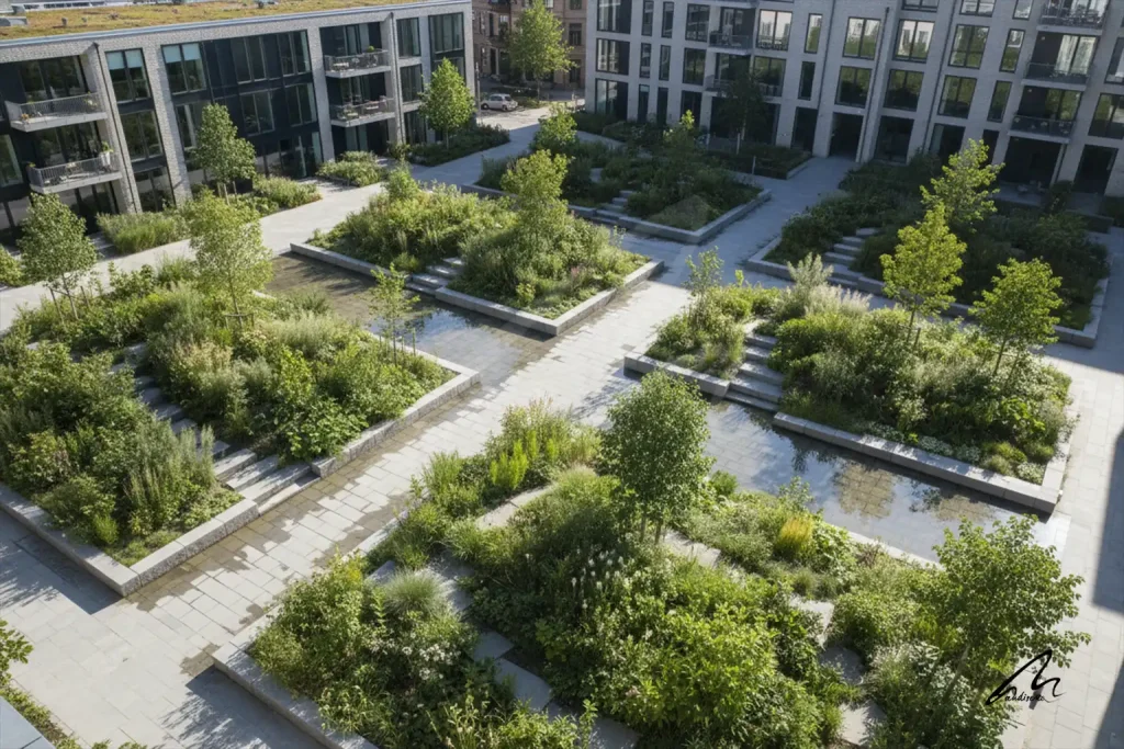 Architectural view of the Copenhagen Climate District showing integrated nature-based stormwater management infrastructure.
