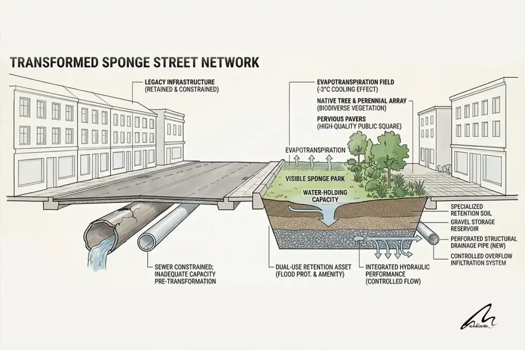 Diagram comparing a standard flooded street with a Copenhagen-style cloudburst street design.