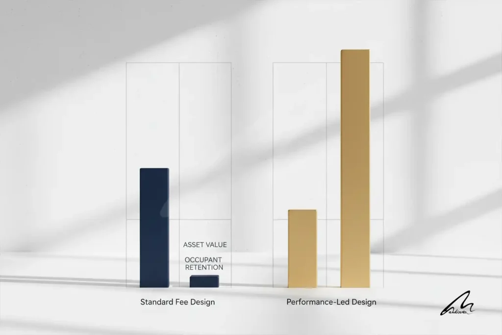 Chart comparing the economic outcome of standard architecture fees versus performance-based metrics