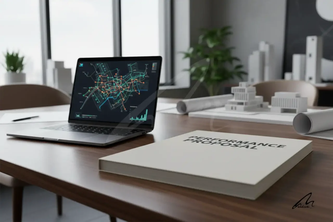 A professional architecture fee proposal metrics document on a desk with spatial analysis data