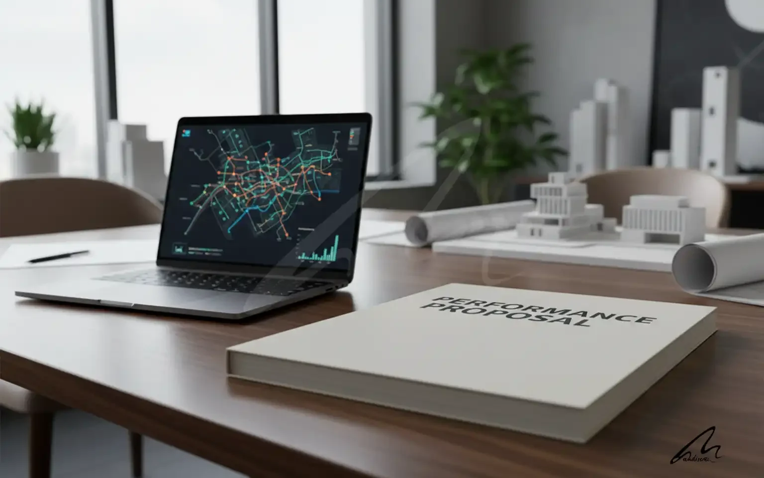 A professional architecture fee proposal metrics document on a desk with spatial analysis data