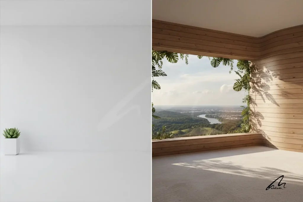 Comparison between superficial biophilia with one plant and structural biophilic design with geometry and light.
